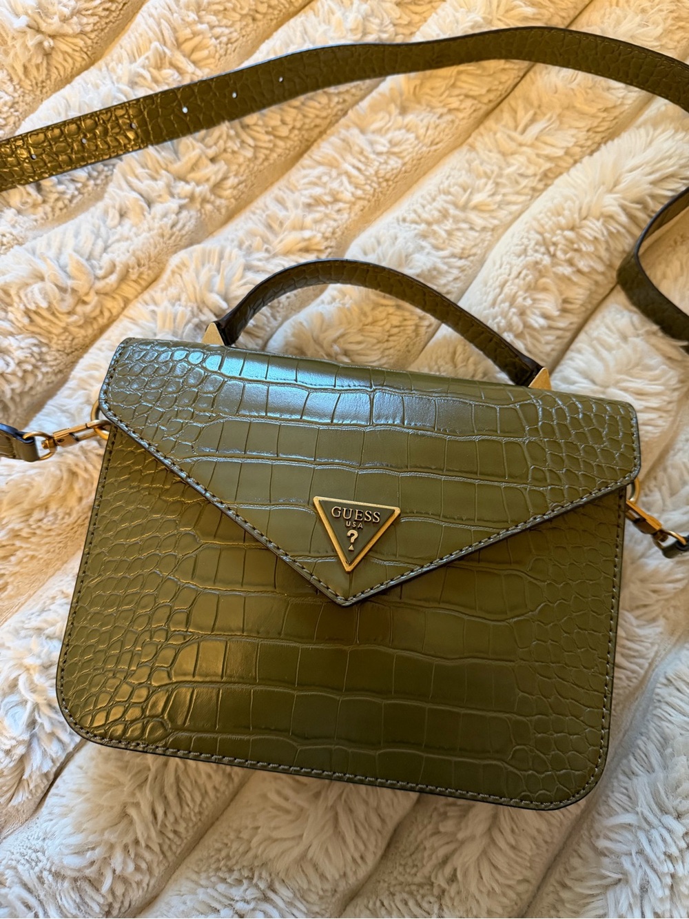 GUESS Olive Green Croc-Embossed Top Handle Crossbody